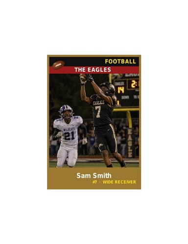 One enlarged football card centered on a US Letter sheet at 3.5 by 5 inches, photo above the name and details