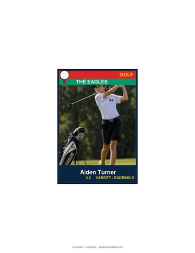 One enlarged golf card centered on a US Letter sheet at 3.5 by 5 inches, photo above the name and details