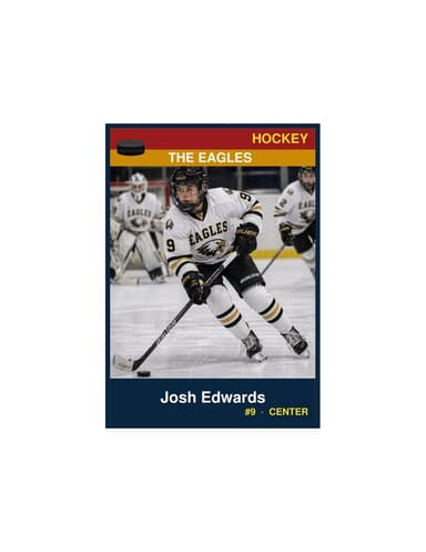 One enlarged hockey card centered on a US Letter sheet at 3.5 by 5 inches, photo above the name and details