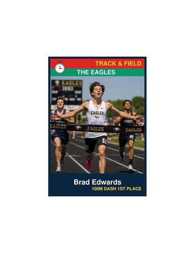 One enlarged track and field card centered on a US Letter sheet at 3.5 by 5 inches, photo above the name and details
