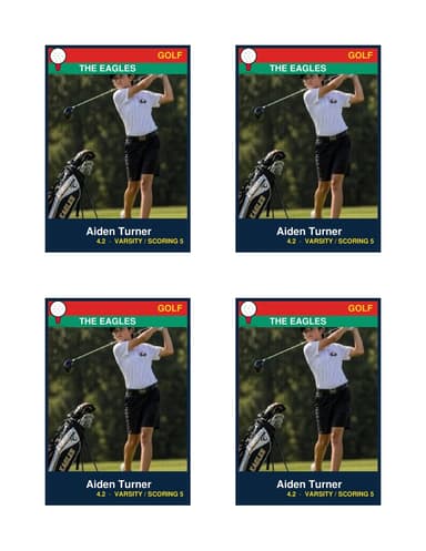 Four identical golf cards printed 2x2 on one US Letter sheet, each 2.5 by 3.5 inches with the photo above a name and details bar