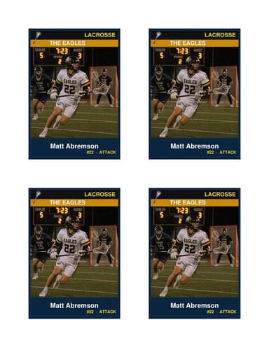 Four identical lacrosse cards printed 2x2 on one US Letter sheet, each 2.5 by 3.5 inches with the photo above a name and details bar