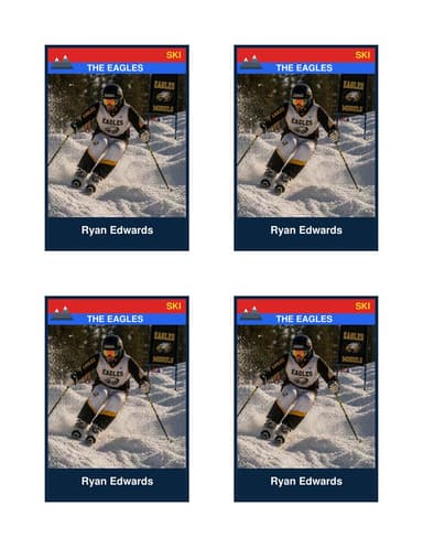 Four identical ski racing cards printed 2x2 on one US Letter sheet, each 2.5 by 3.5 inches with the photo above a name and details bar