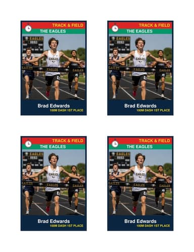 Four identical track and field cards printed 2x2 on one US Letter sheet, each 2.5 by 3.5 inches with the photo above a name and details bar