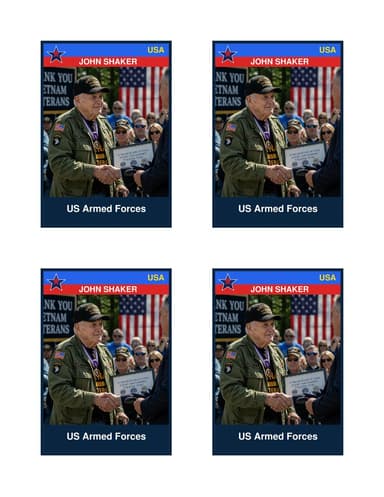 Four identical USA patriotic cards printed 2x2 on one US Letter sheet, each 2.5 by 3.5 inches with the photo above a name and details bar