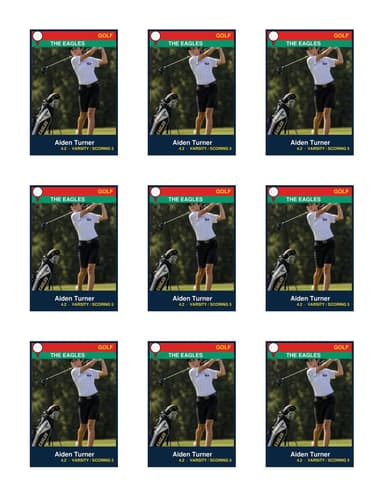 Nine golf cards in a 3x3 grid on one US Letter sheet, a separate photo and name on each