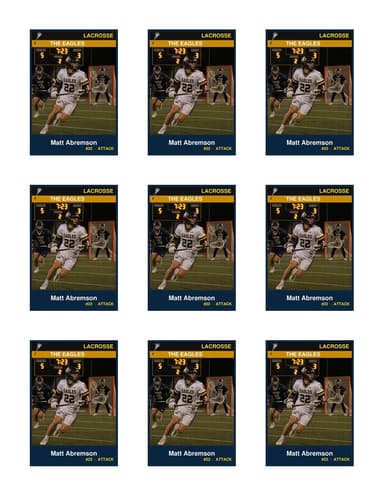Nine lacrosse cards in a 3x3 grid on one US Letter sheet, a separate photo and name on each