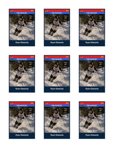 Nine ski racing cards in a 3x3 grid on one US Letter sheet, a separate photo and name on each