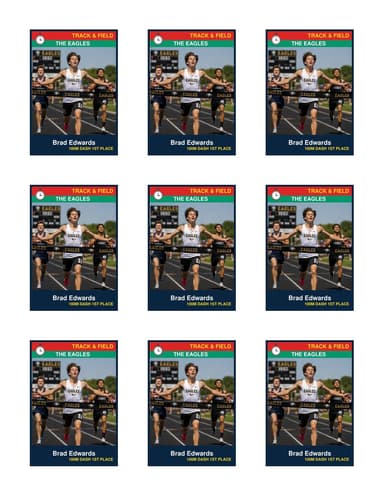 Nine track and field cards in a 3x3 grid on one US Letter sheet, a separate photo and name on each