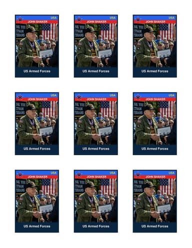 Nine USA patriotic cards in a 3x3 grid on one US Letter sheet, a separate photo and name on each