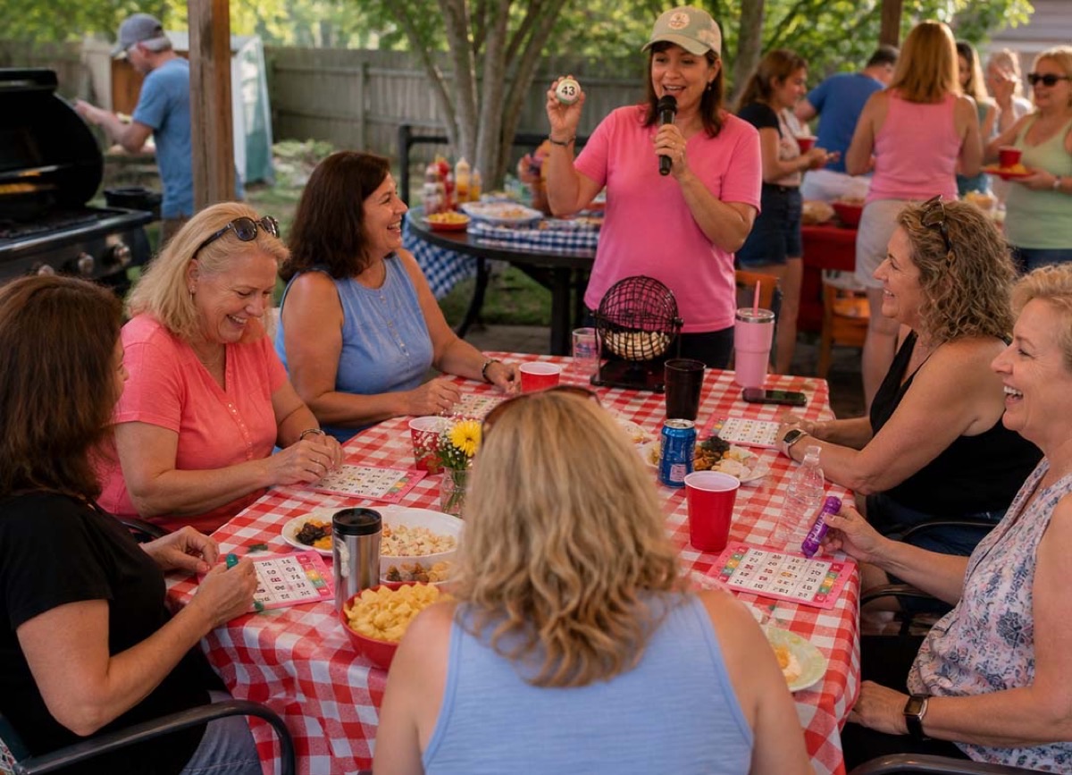 Apollo's Templates printable bingo cards being played at a backyard summer party.