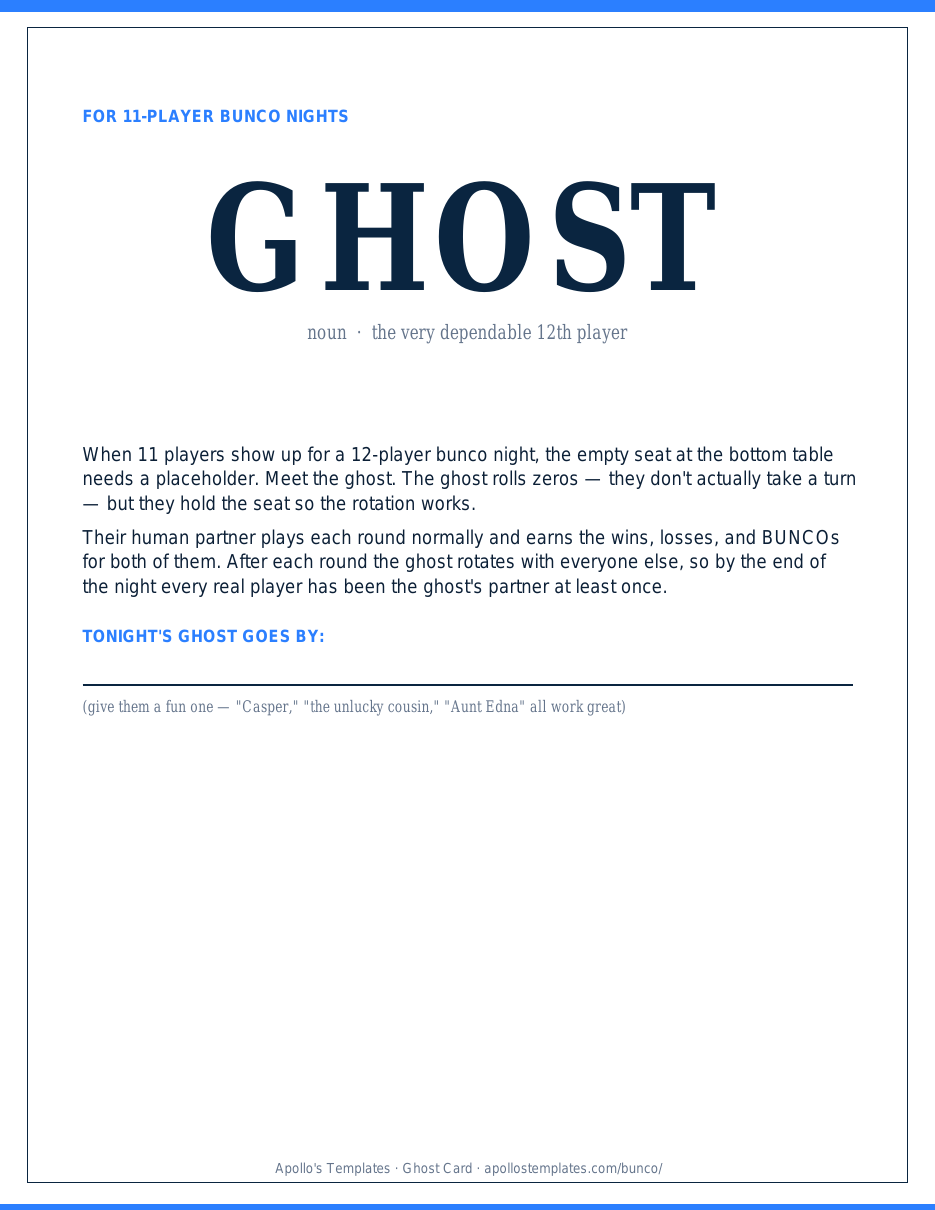 Classic bunco GHOST card for the empty seat on an 11-player night, with a write-on line for the ghost's name, printed in navy and blue