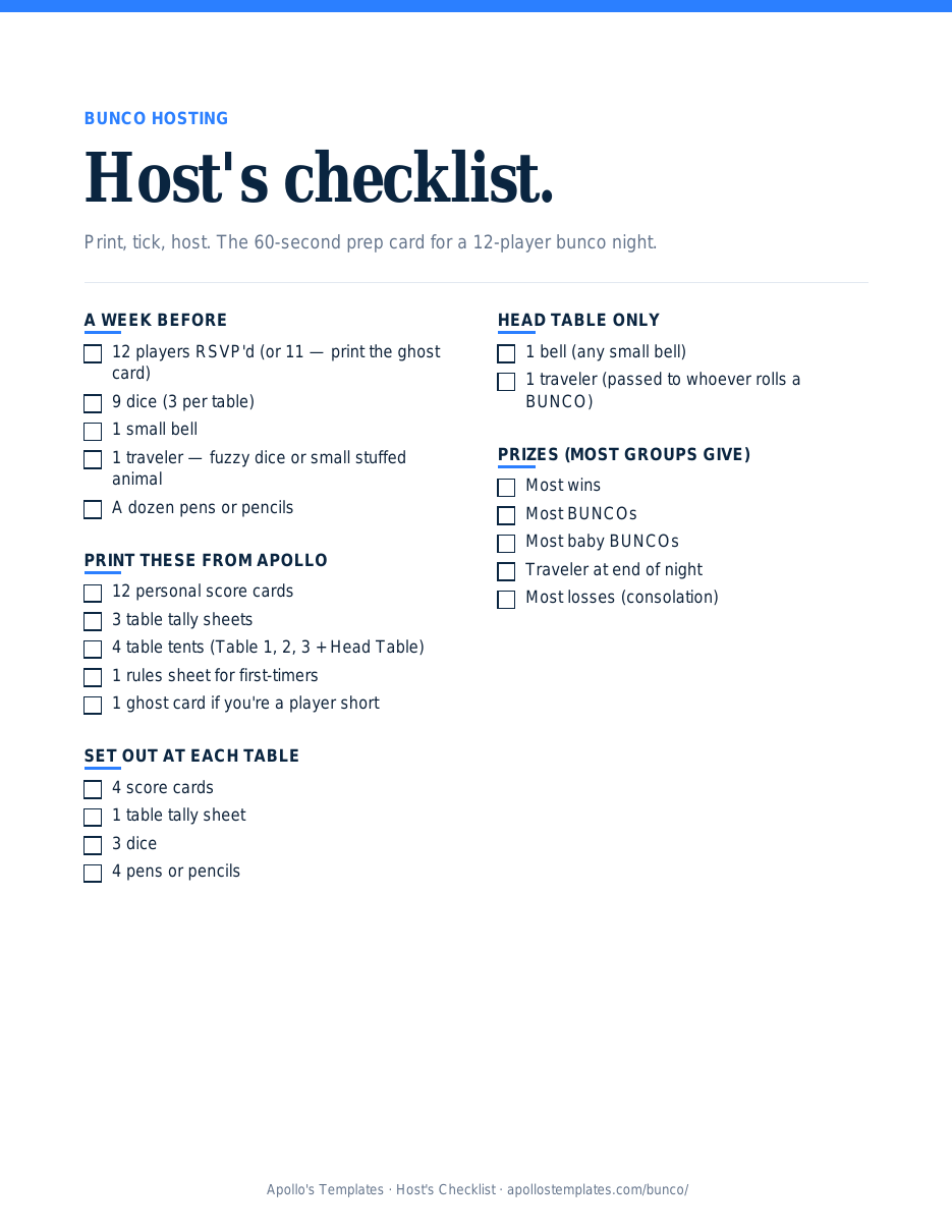 Classic bunco two-column host's checklist: a week before, print these, set out at each table, head table only, prizes, printed in navy and blue