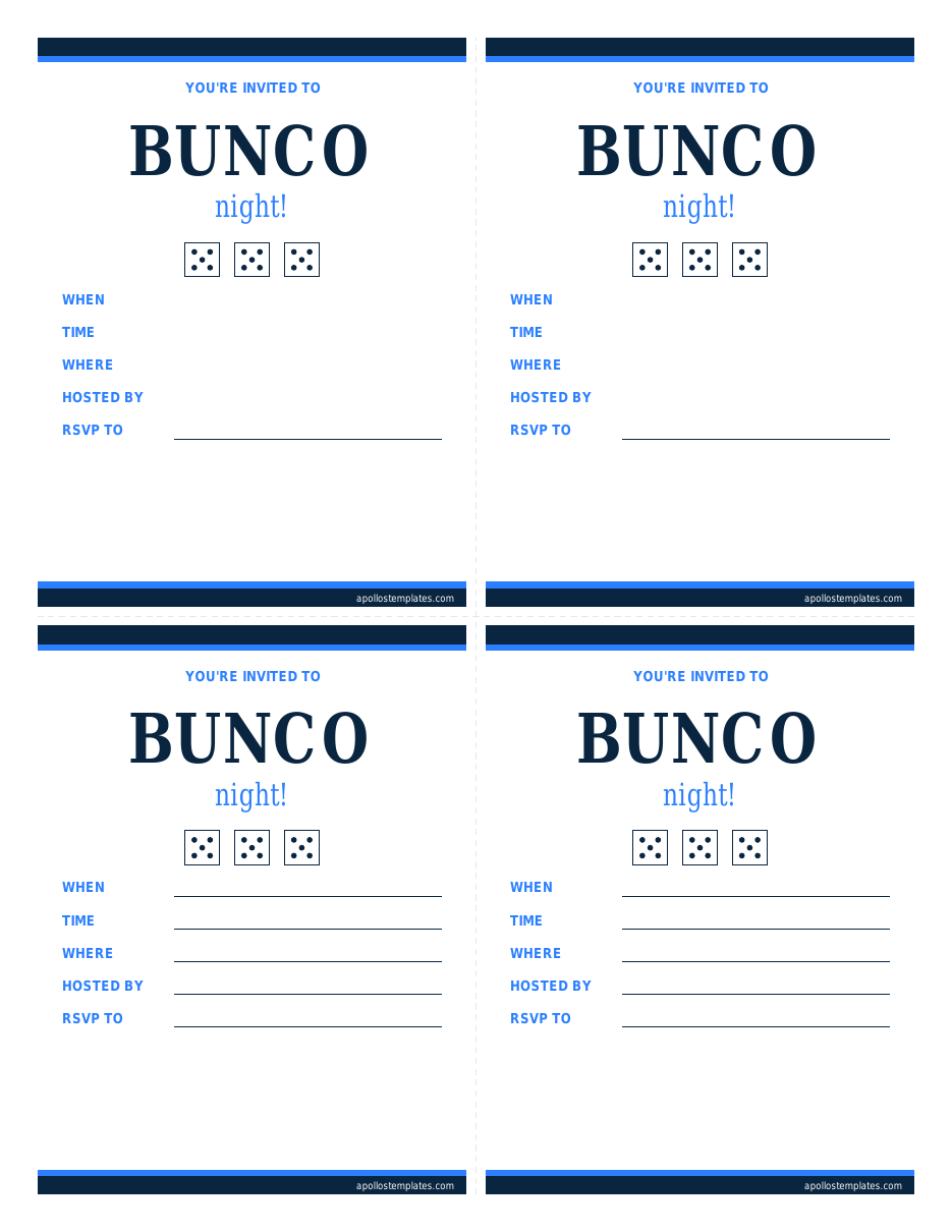 Classic bunco fill-in party invitations, four per page, with WHEN, TIME, WHERE, HOSTED BY and RSVP lines, printed in navy and blue