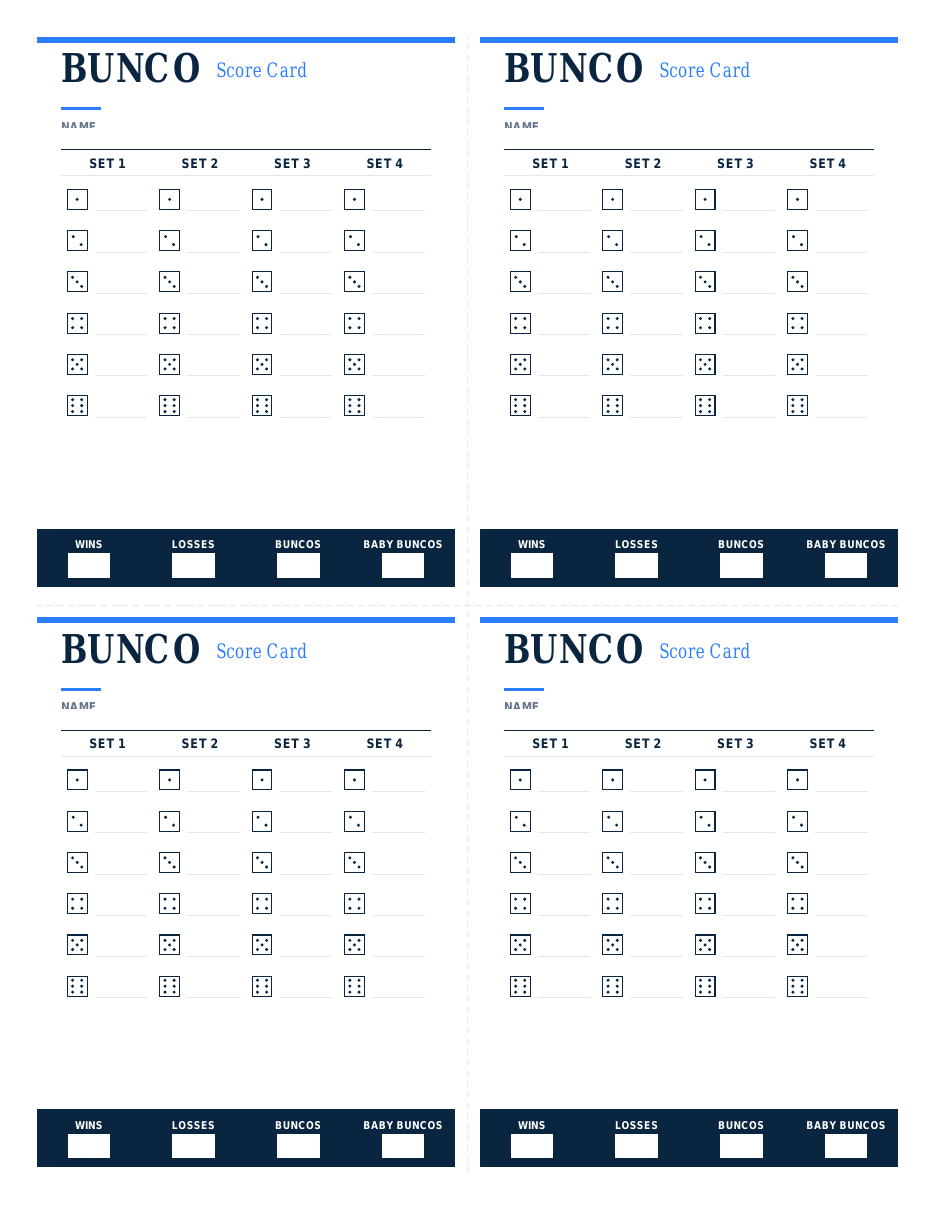 Classic bunco personal score card, four to a page, 4 sets by 6 rounds with dice icons and a Wins, Losses, BUNCOs, Baby BUNCOs tally bar, printed in navy and blue