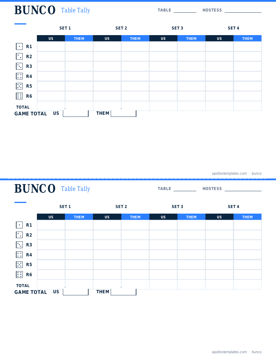 Classic bunco Us vs Them table tally, two per page, four sets by six rounds with set totals and a game total band, printed in navy and blue