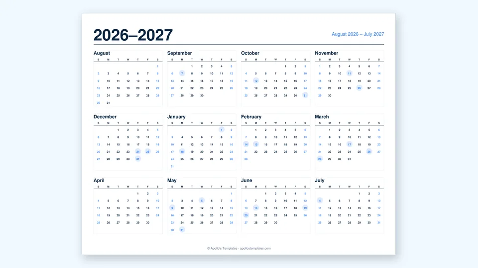 Academic year calendar from August to July across two calendar years, twelve month grids on one page with holidays shaded