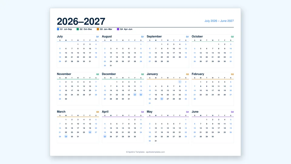 Australian financial year calendar, July to June, with public holidays marked on each month