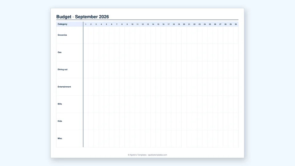 Monthly budget tracker with spending-category rows for groceries, gas, dining and bills and a column for every day of the month