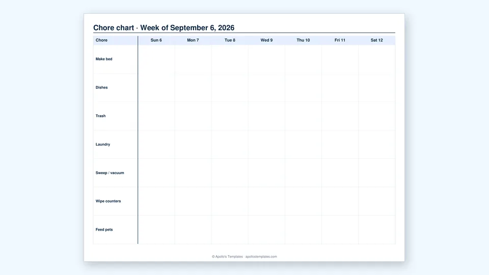 Weekly chore chart with chores listed down the left and a checkbox column for each day