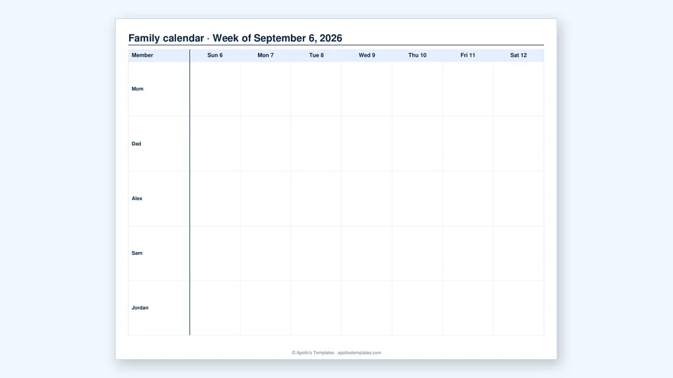 Weekly family calendar with one row per family member and one column per day