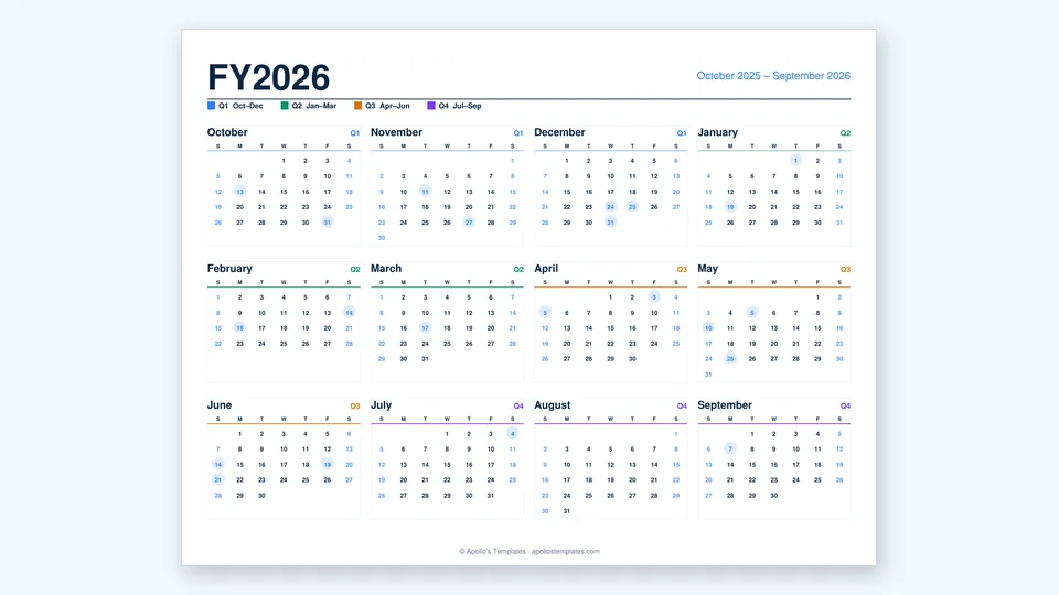 US fiscal year calendar, October through September, twelve months on one page