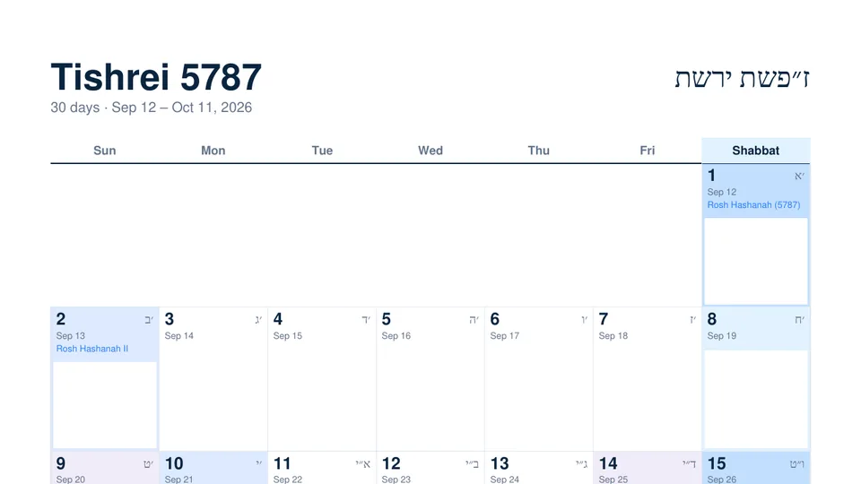Top of the Tishrei 5787 page of a Hebrew calendar: month name in Hebrew and English, Hebrew-letter and Gregorian dates in each box, Rosh Hashanah tinted