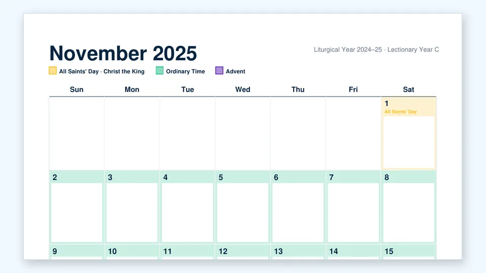 Liturgical calendar with each day tinted in its church-season color and feast days labelled