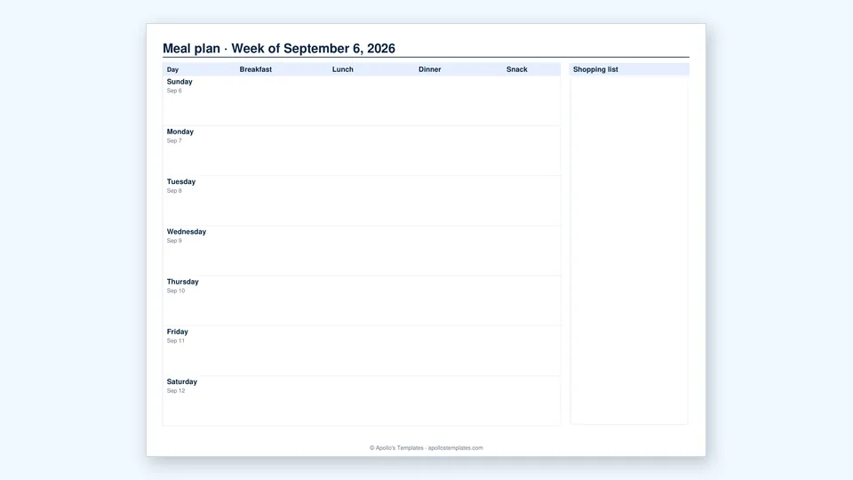 Weekly meal planner with breakfast, lunch and dinner rows and a grocery list column down the side