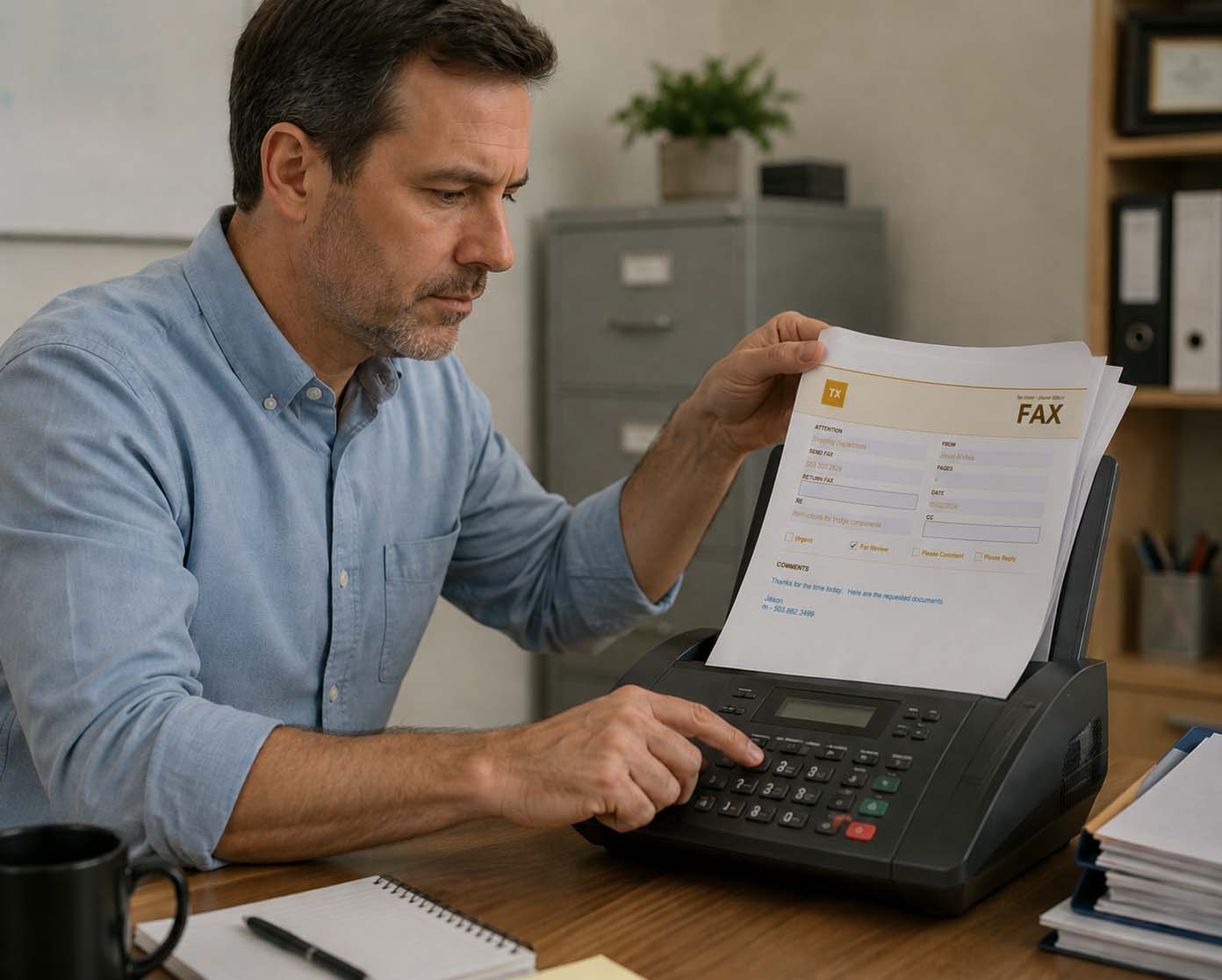 Office worker feeding a printed Apollo's Templates fax cover sheet into a desktop fax machine