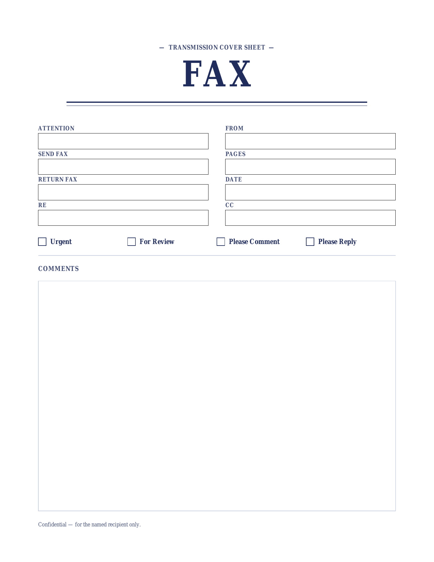 Indigo fax cover sheet template — a centred navy serif title framed by em-dash ornaments above a heavy rule, above two-column To and From fields, four delivery checkboxes and a large comments box