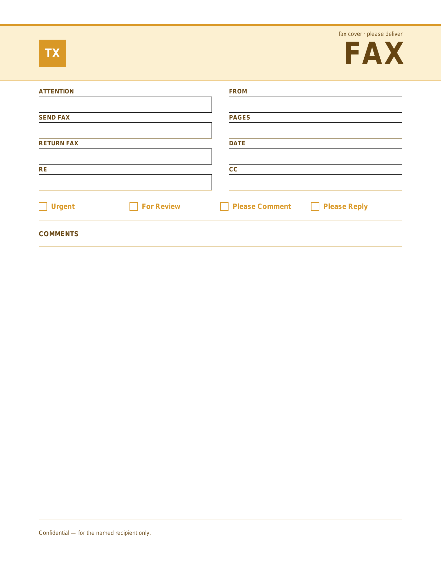 Marigold fax cover sheet template — an amber header band with a small TX badge at the left and the title set right, above two-column To and From fields, four delivery checkboxes and a large comments box