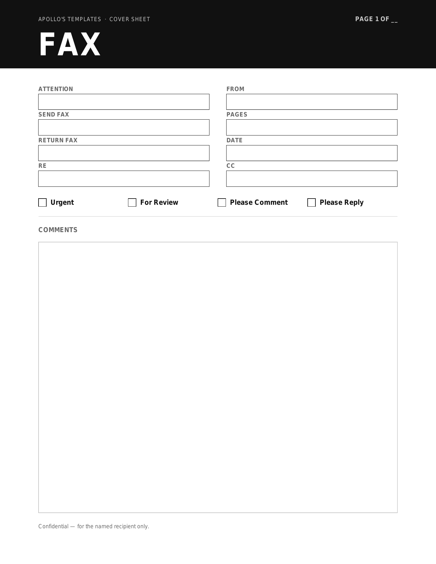 Onyx fax cover sheet template — a solid black header band with the title reversed out in white, above two-column To and From fields, four delivery checkboxes and a large comments box
