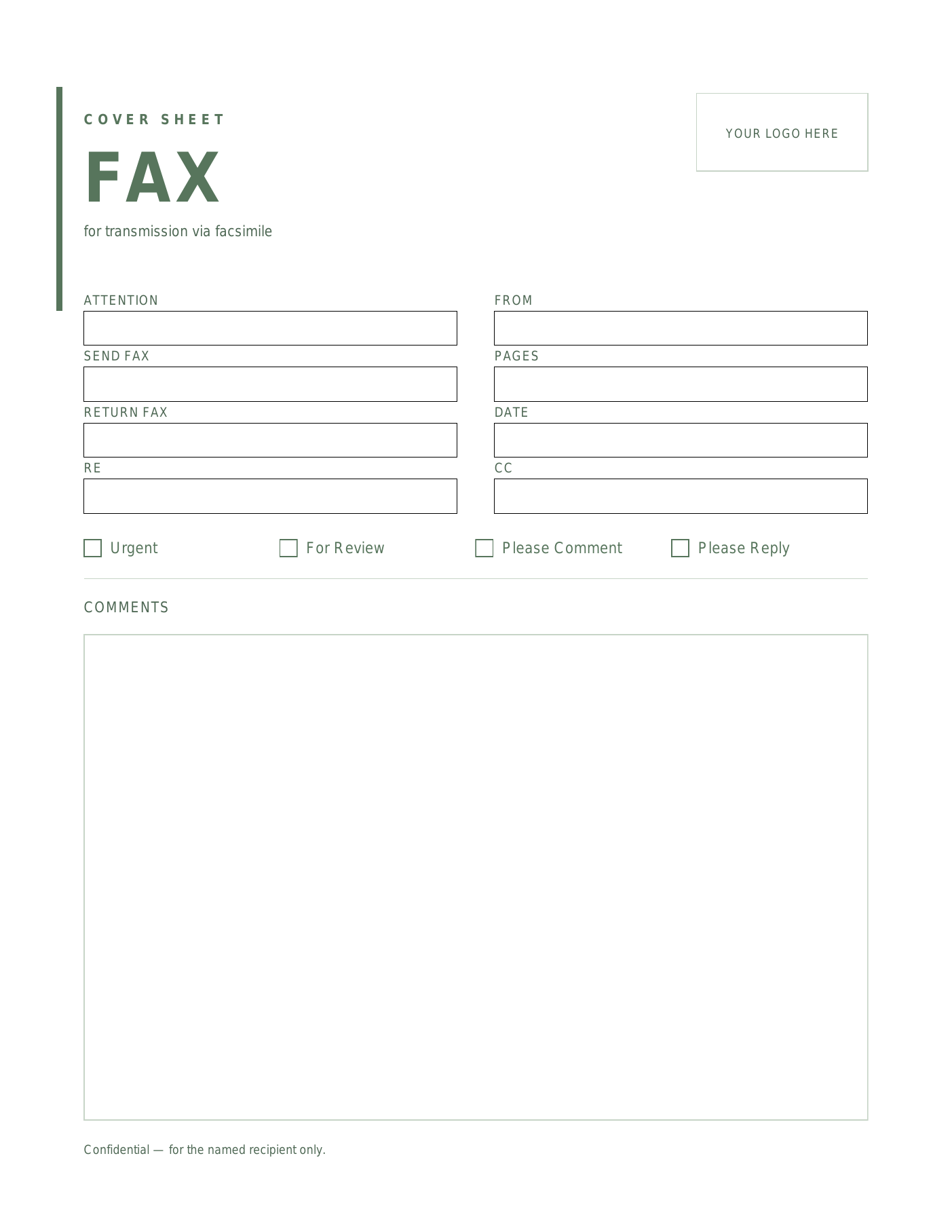 Sage fax cover sheet template — a green sans-serif title beside a logo placeholder box at the top right, above two-column To and From fields, four delivery checkboxes and a large comments box