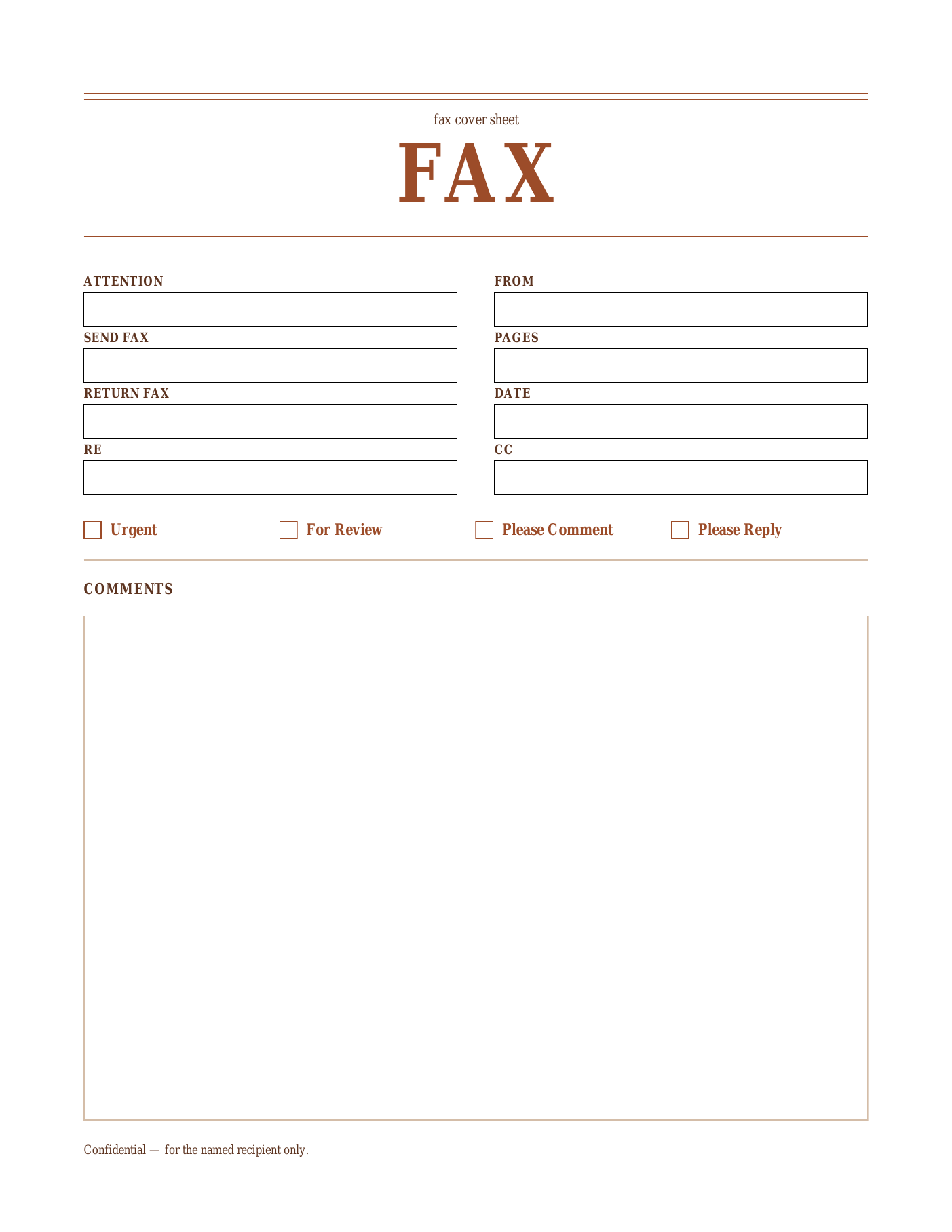 Sienna fax cover sheet template — a centred terracotta serif title set between two thin rules, above two-column To and From fields, four delivery checkboxes and a large comments box
