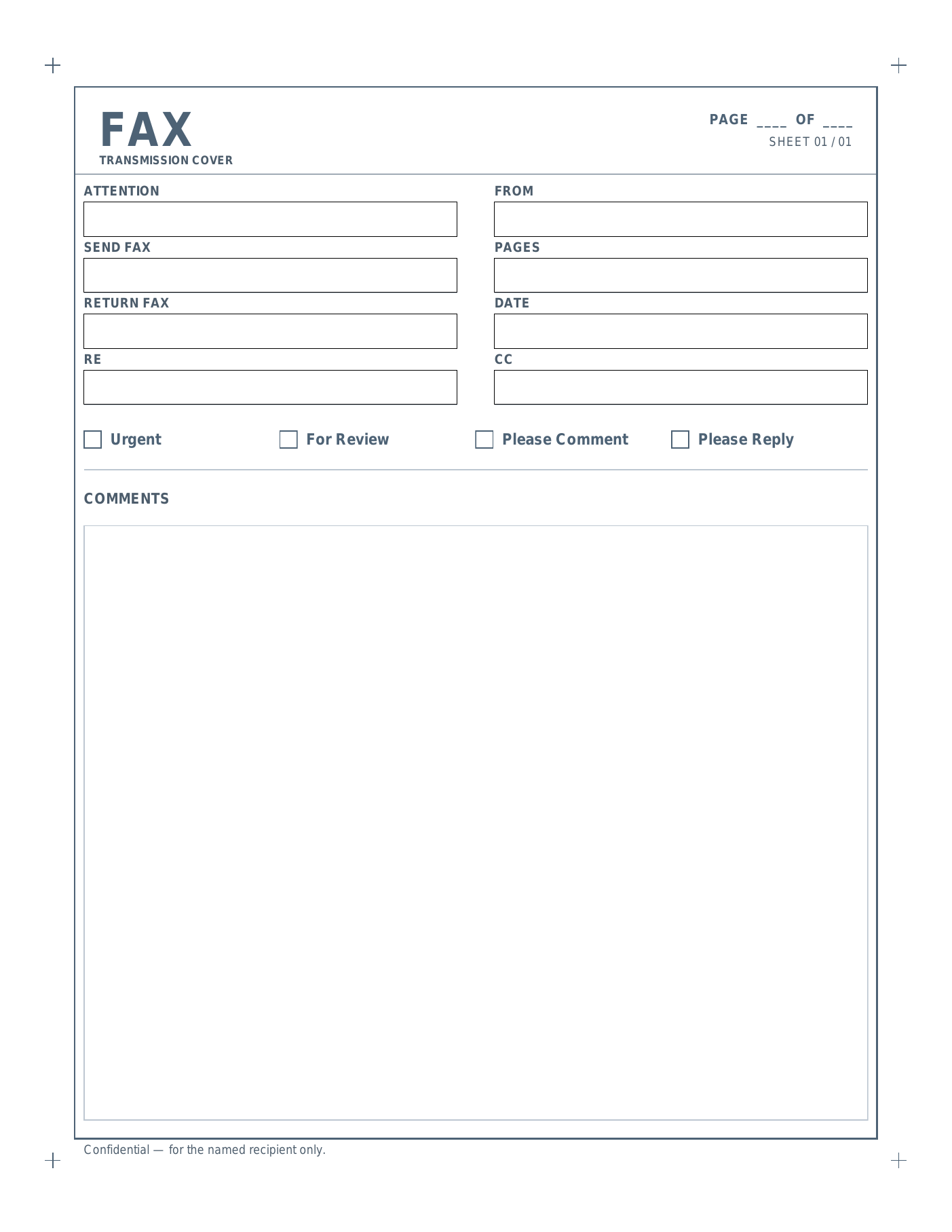 Slate fax cover sheet template — an architectural title block inside a bordered frame with corner registration marks, above two-column To and From fields, four delivery checkboxes and a large comments box