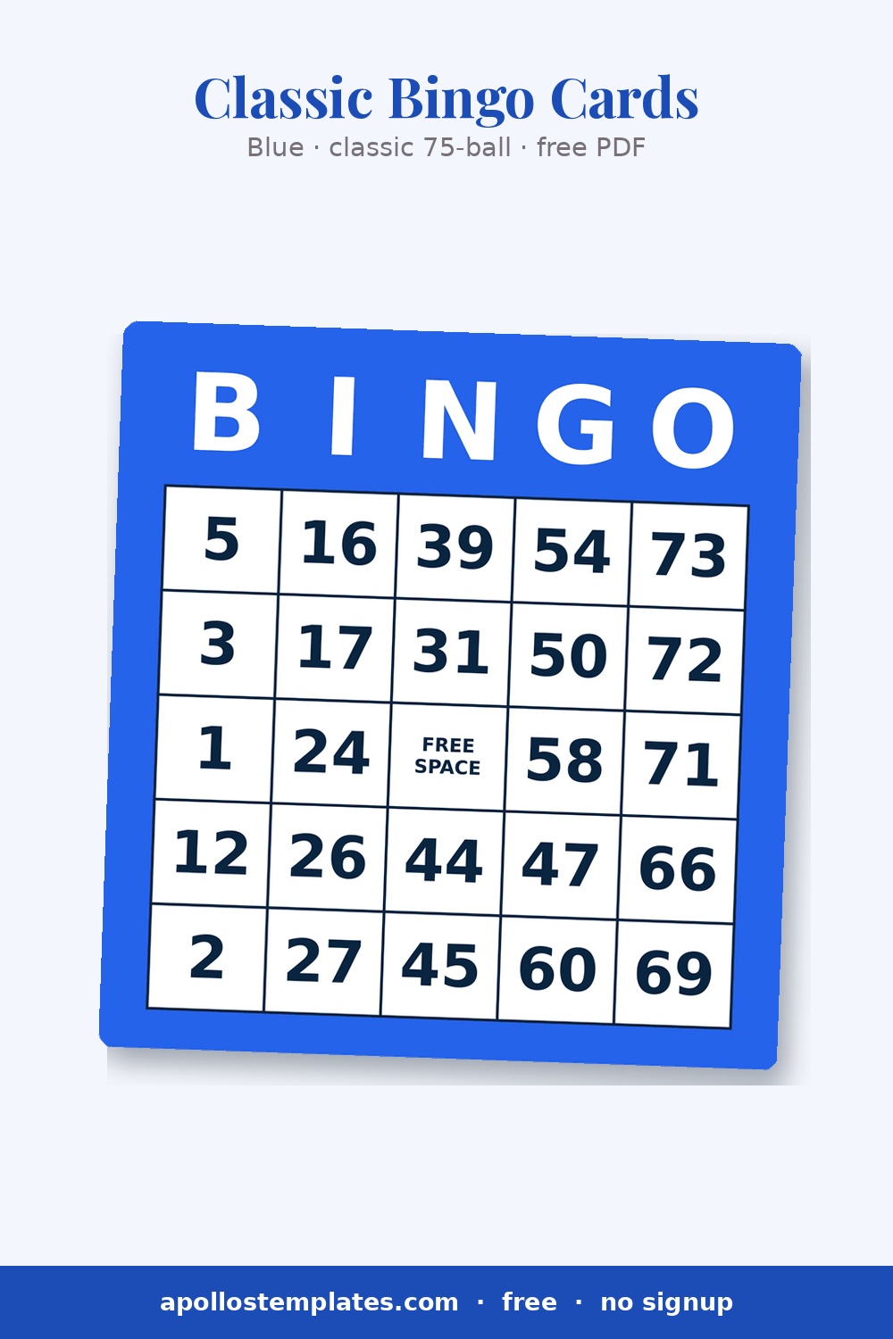 Royal-blue classic 75-ball bingo card with random numbers and a FREE SPACE center