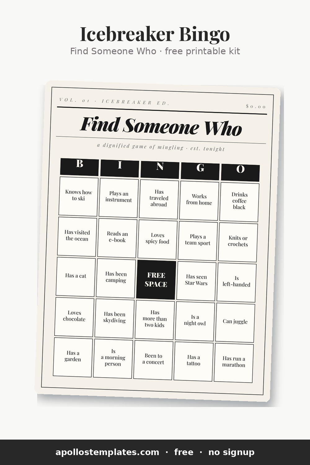 Find Someone Who icebreaker bingo card styled like a cream newspaper page