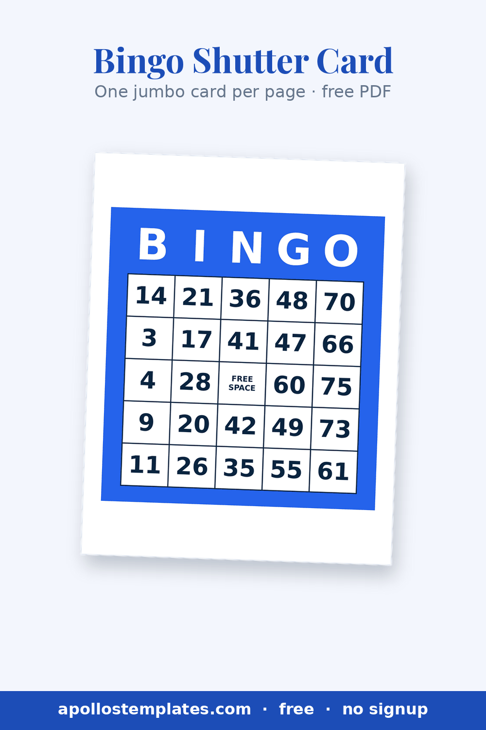Single jumbo blue bingo card filling a US Letter page, large numerals in five columns and a FREE SPACE center, sized to read across a room