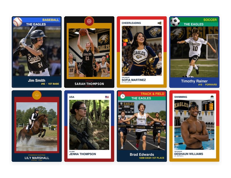 Eight sample sports cards across baseball, basketball, cheerleading, soccer, equestrian, USA, track and field, and swimming — across all three card designs