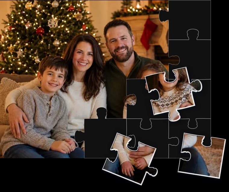 A family photo half assembled as a jigsaw, a few pieces still loose